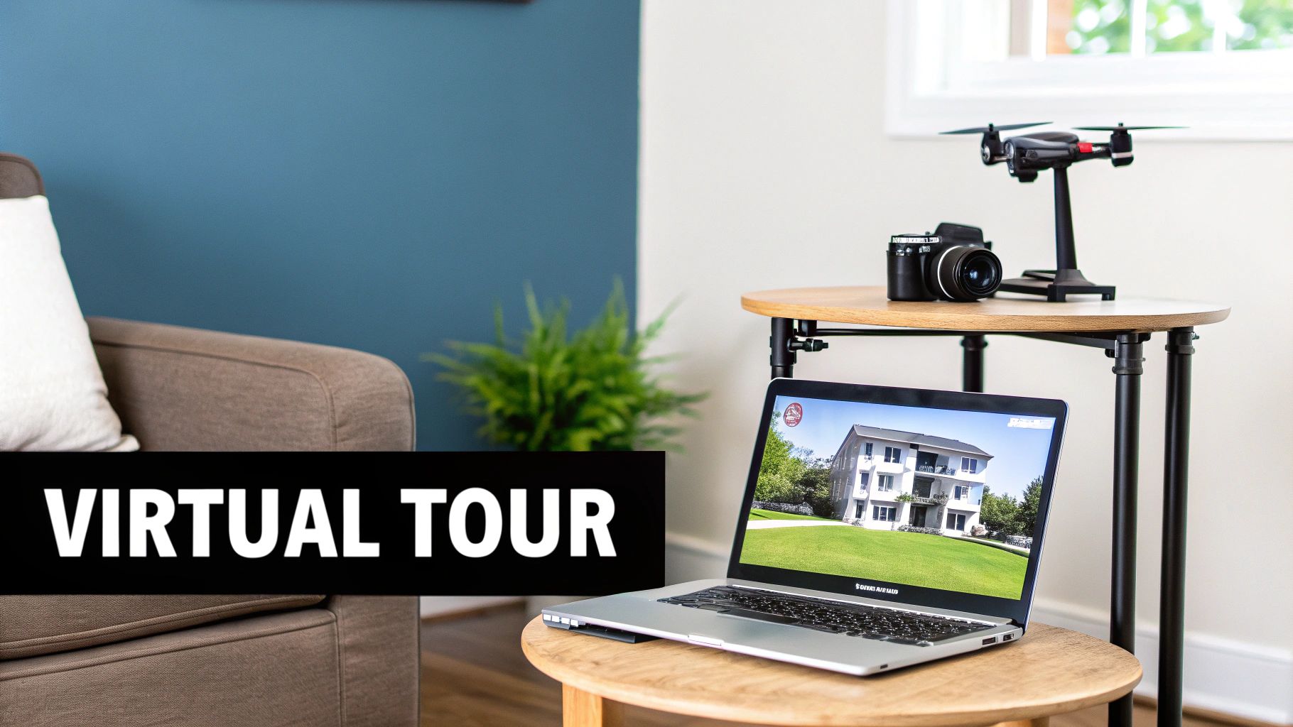 A laptop displays a virtual tour of a modern house, with a drone and camera on a table.