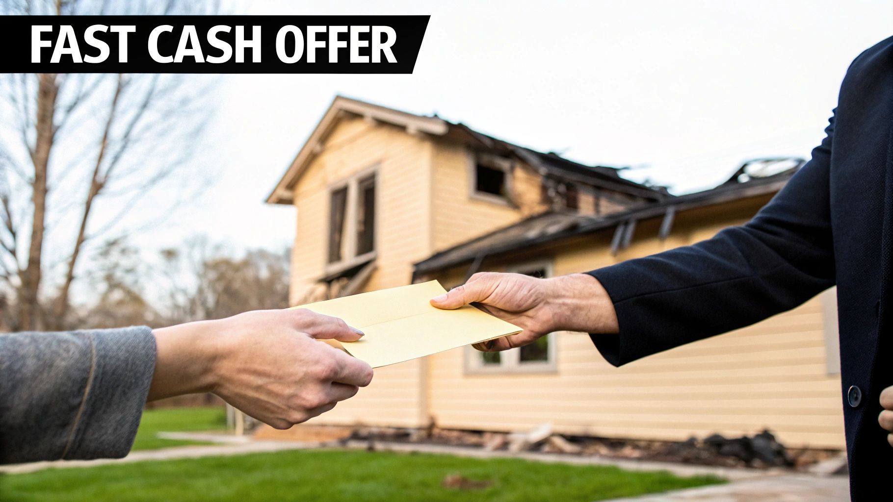 Hands exchanging a fast cash offer envelope in front of a fire-damaged house.