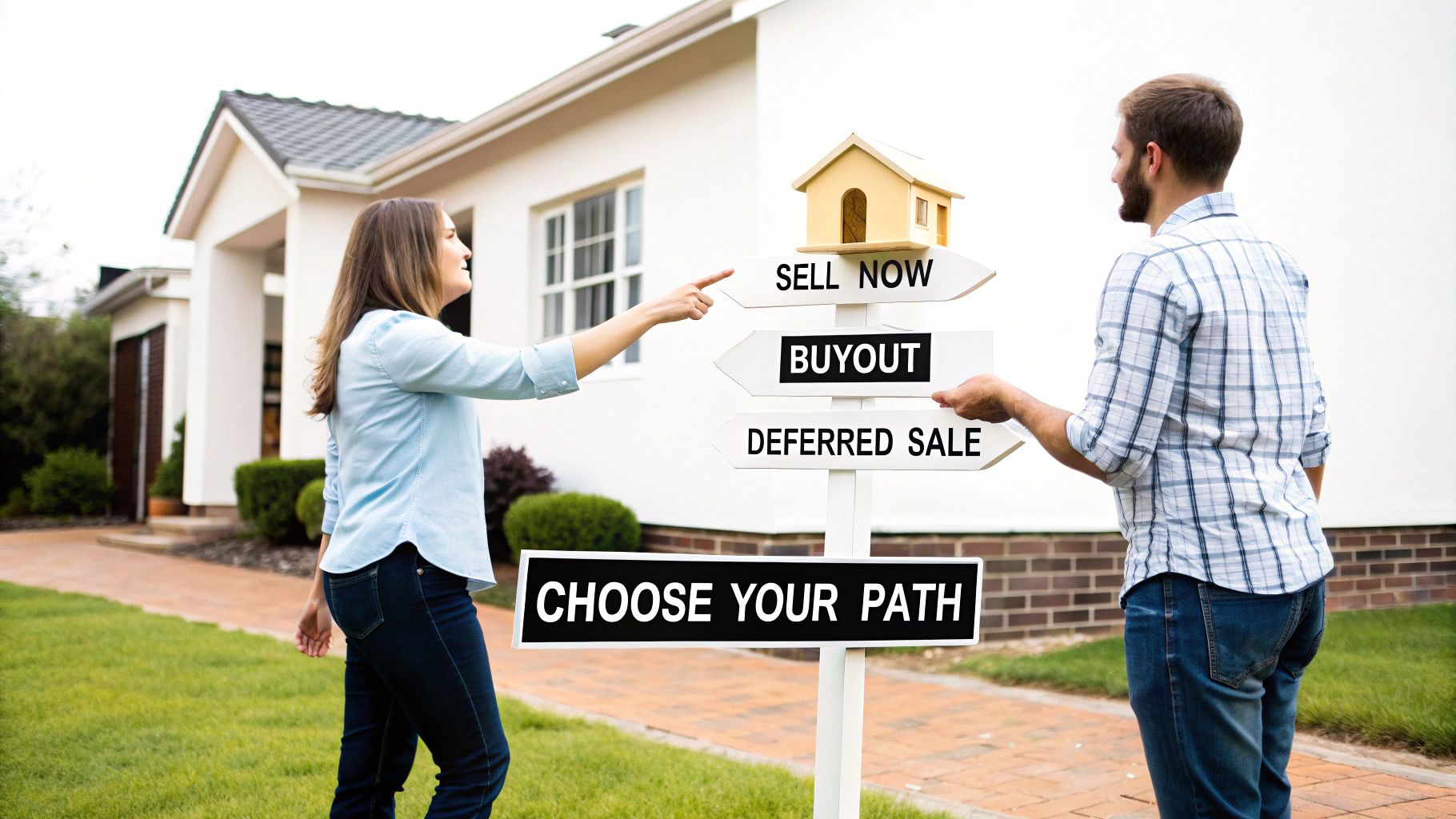 A couple stands by a signpost offering options like 'Sell Now', 'Buyout', 'Deferred Sale' for their house.