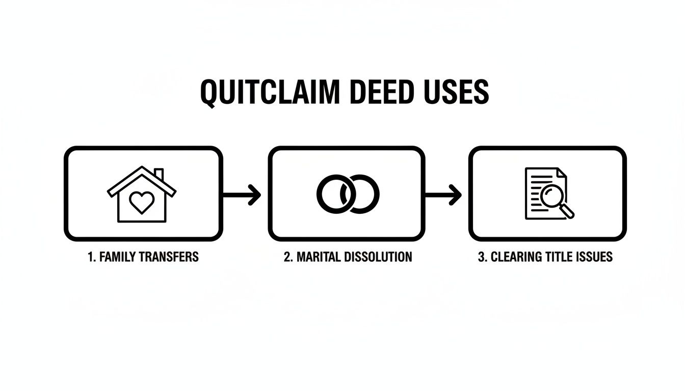 Flowchart illustrating three primary uses of quitclaim deeds: family transfers, marital dissolution, and clearing title issues.