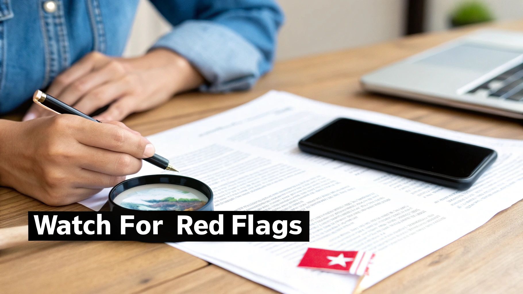 Person reviewing documents with a pen and magnifying glass, highlighting potential 'red flags' on a desk.
