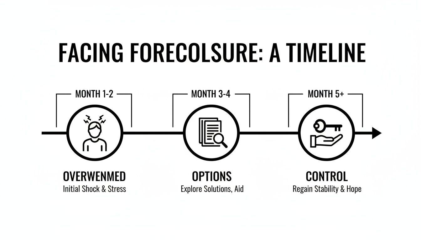 Infographic timeline detailing emotional and practical stages when facing foreclosure.