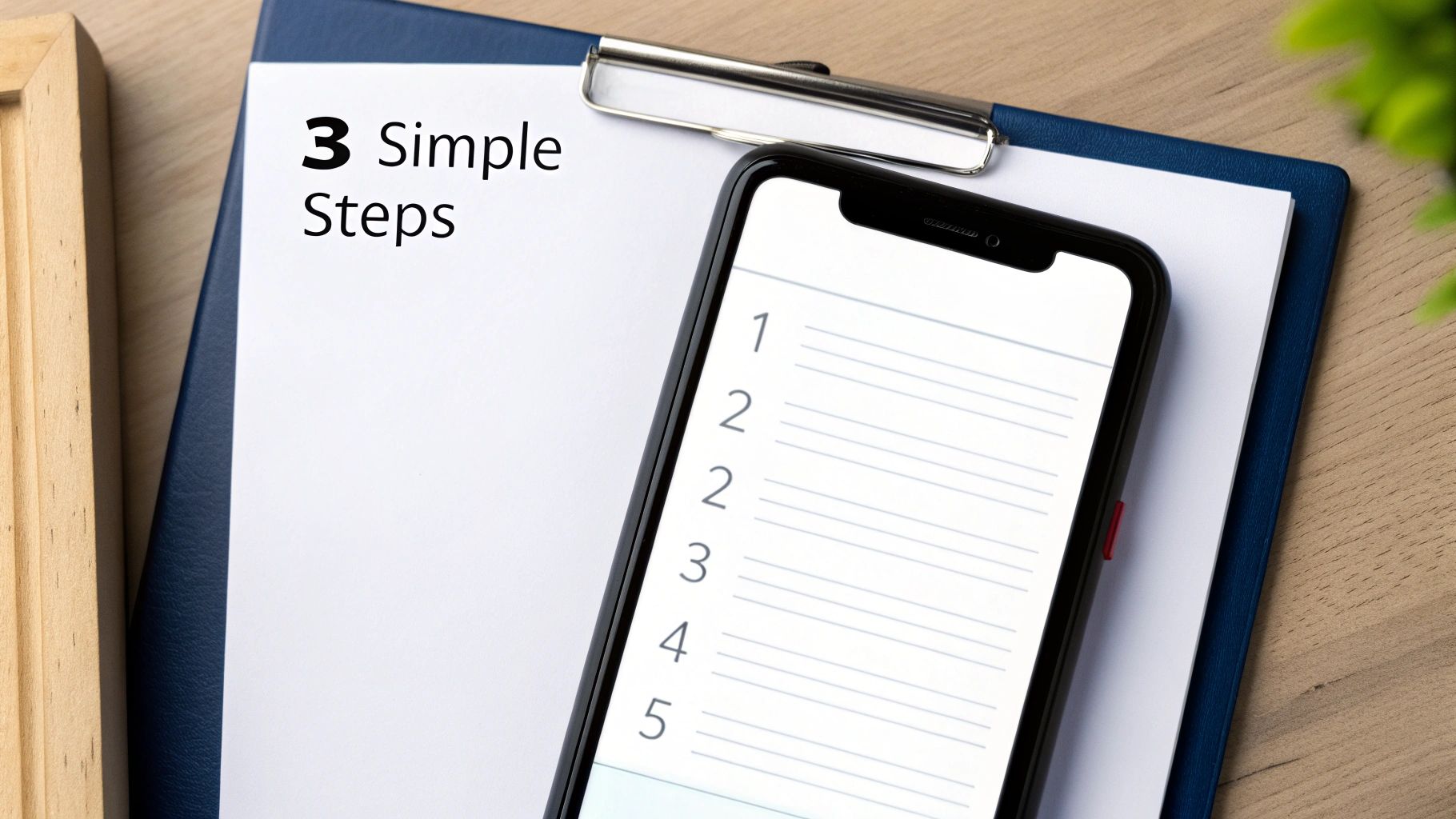 A smartphone displaying a numbered list of steps lies on a clipboard with '3 Simple Steps' written on paper.