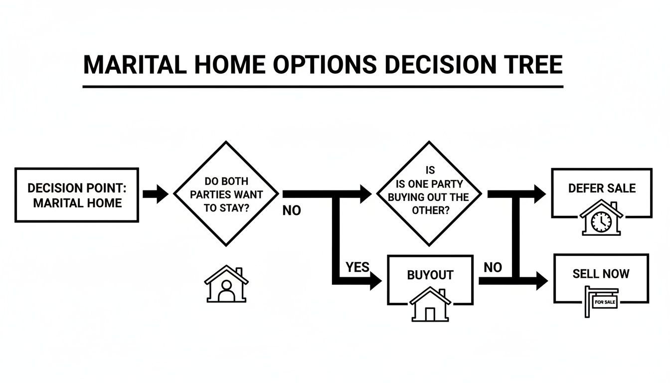 Decision tree illustrating options for a marital home during separation or divorce, including buyout, defer sale, or immediate sale.
