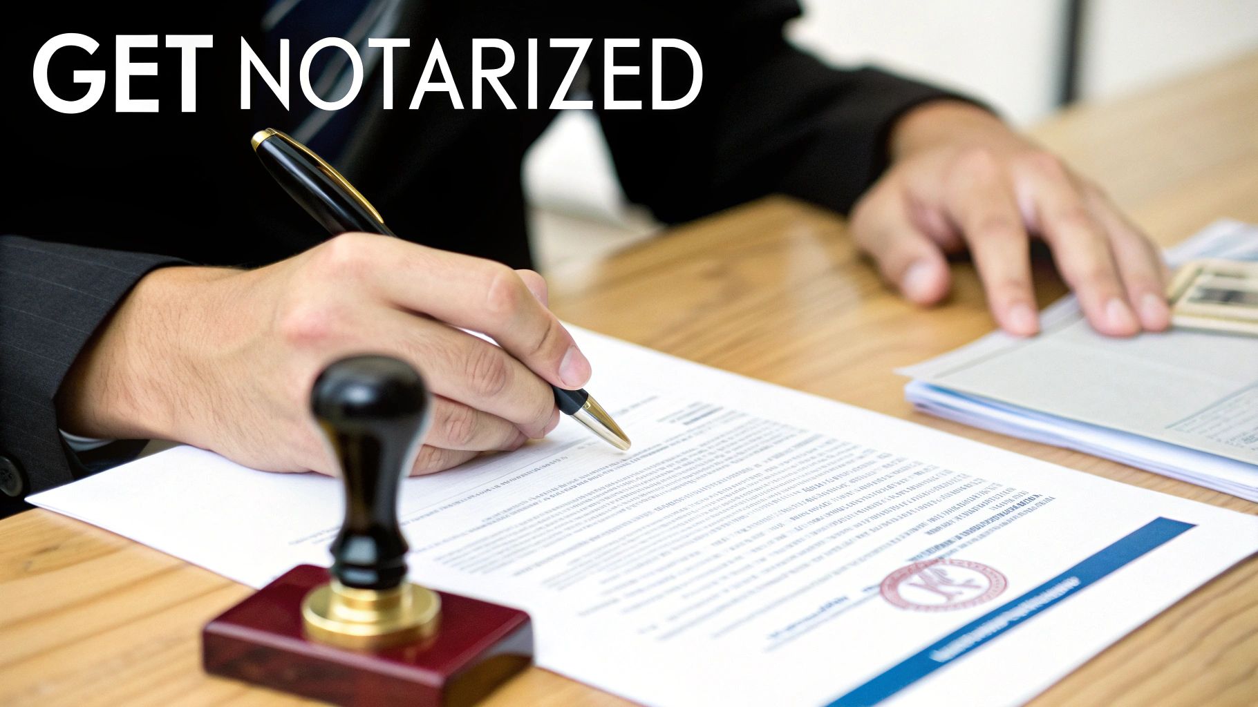 A person signs a document at a desk with a notary stamp nearby, promoting 'GET NOTARIZED'.