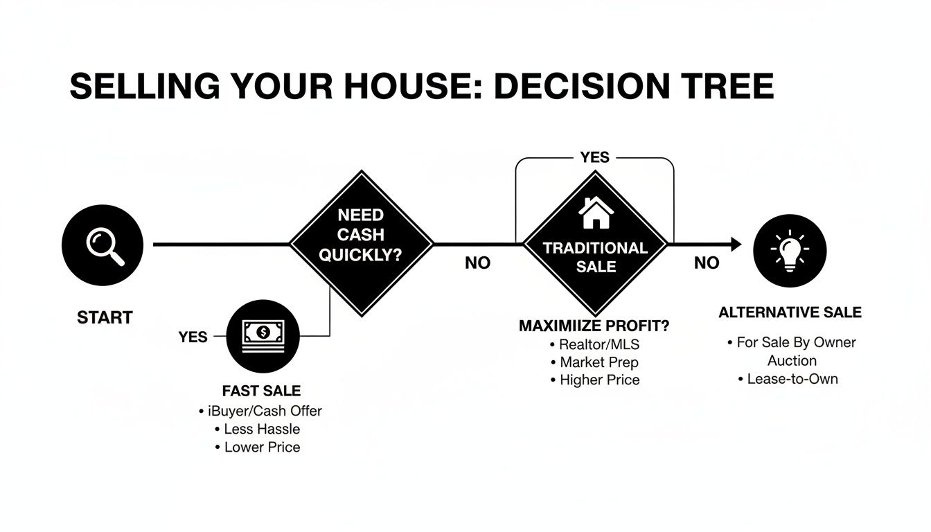 Decision tree flowchart for selling your house, outlining paths for fast cash, maximizing profit, or alternative sales.
