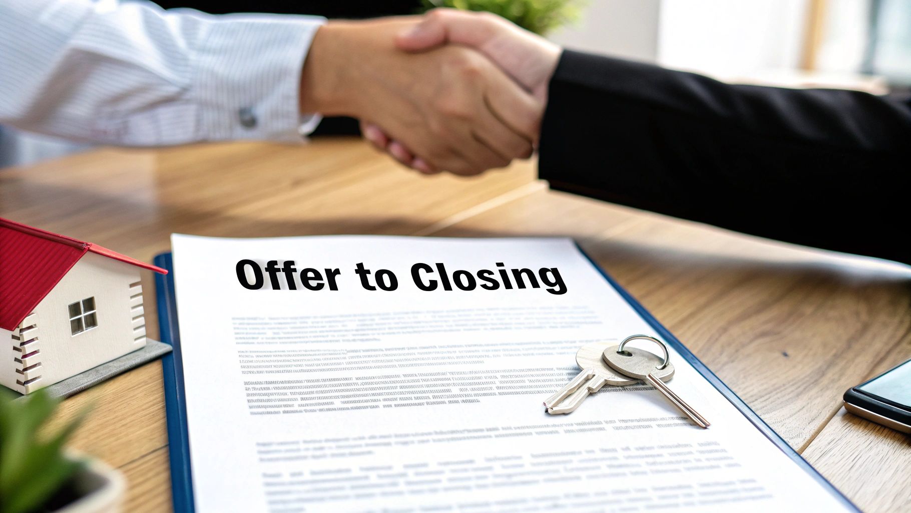 Two people shaking hands over a real estate document titled 'Offer to Closing' with a model house and keys.