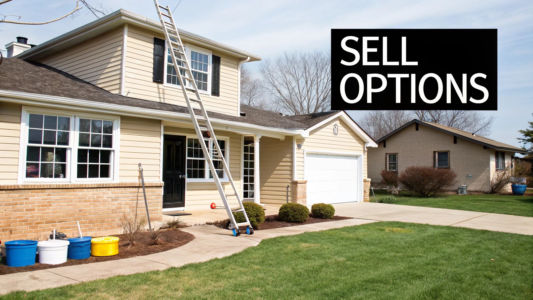 A beige residential house with a ladder leaning against it, and a 'SELL OPTIONS' overlay.