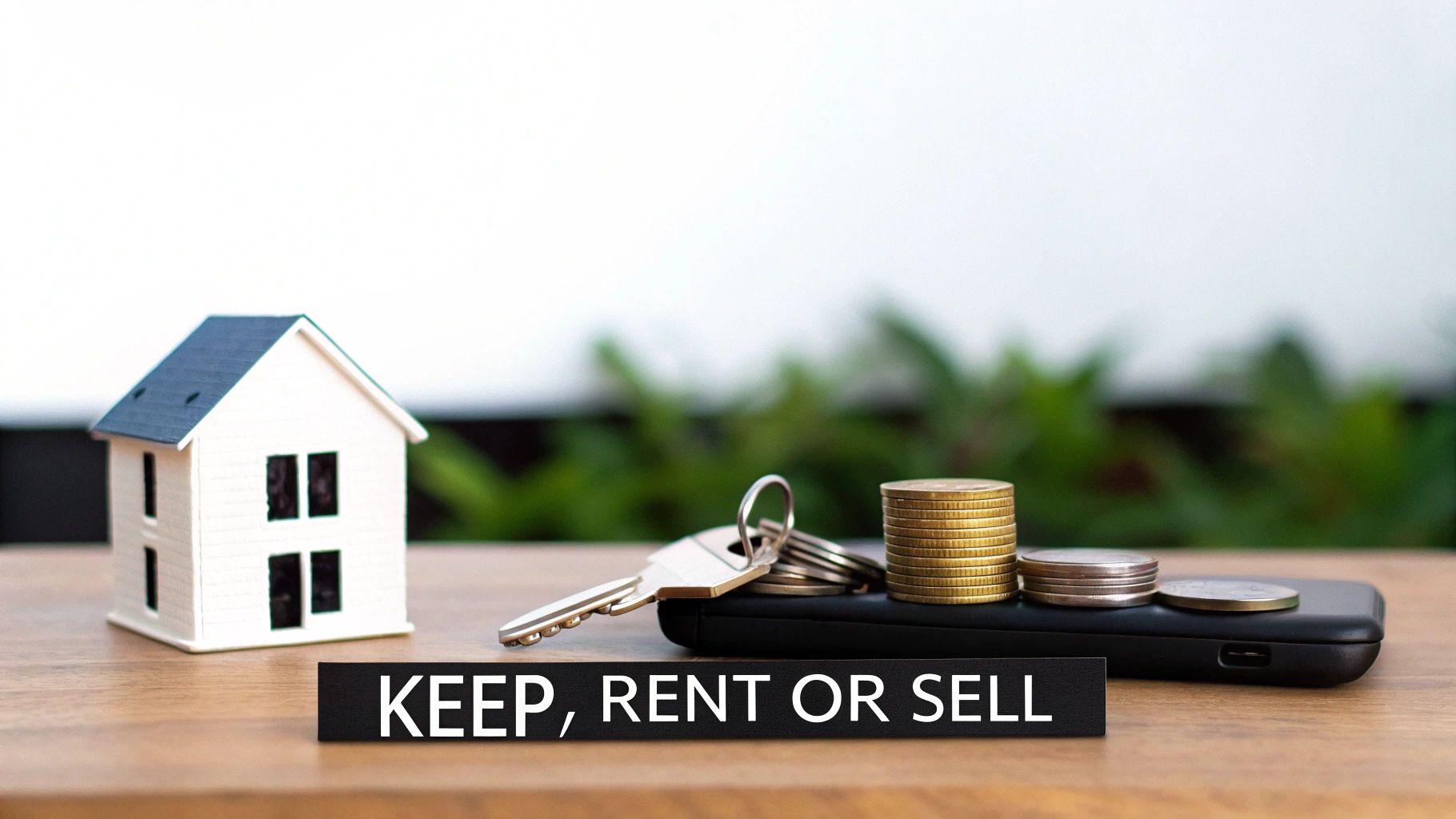 A miniature house, keys, and stacks of coins, with a sign saying 'KEEP, RENT OR SELL' on a wooden surface.