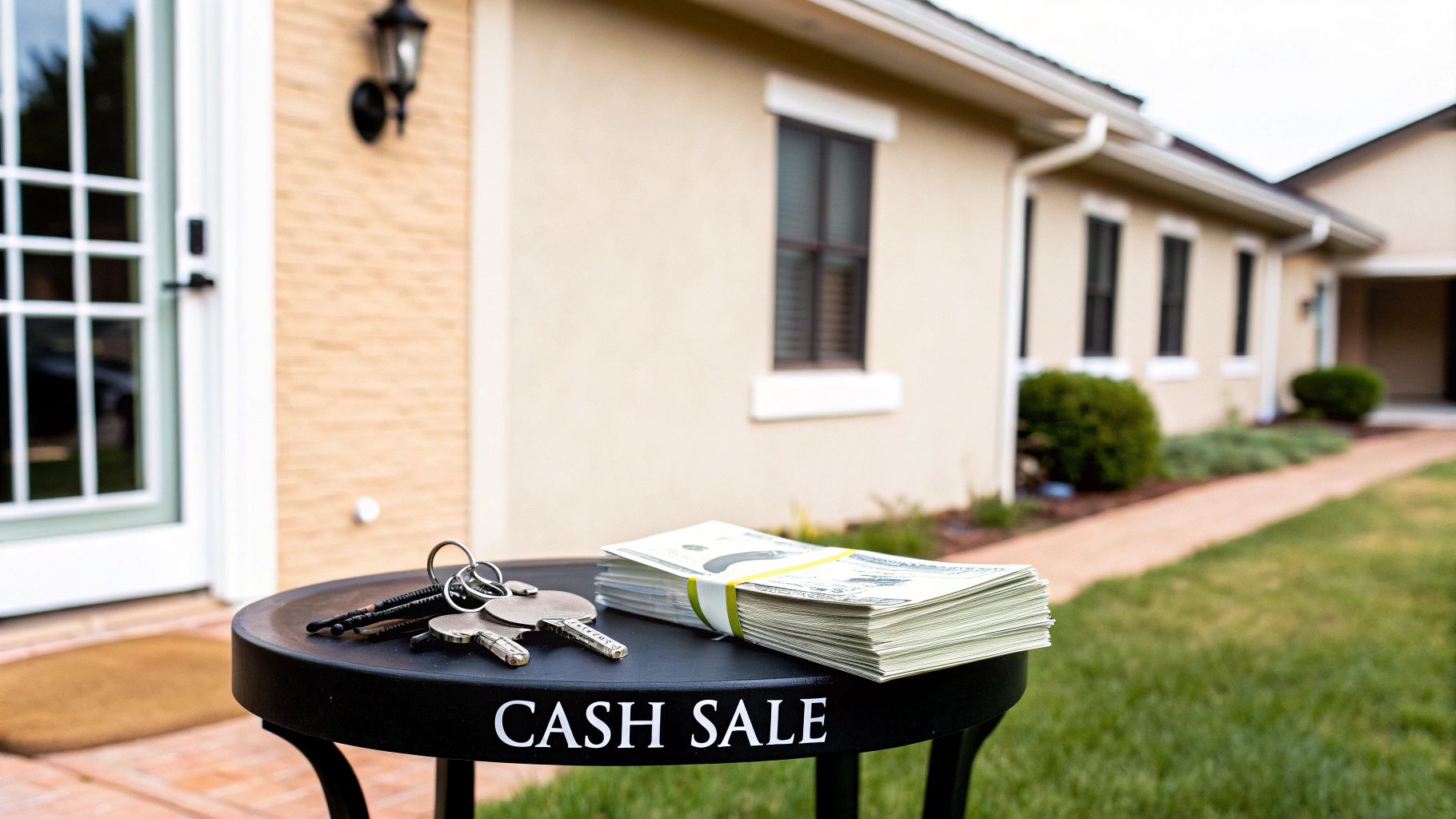 Cash and house keys on a 'CASH SALE' table in front of a modern home.