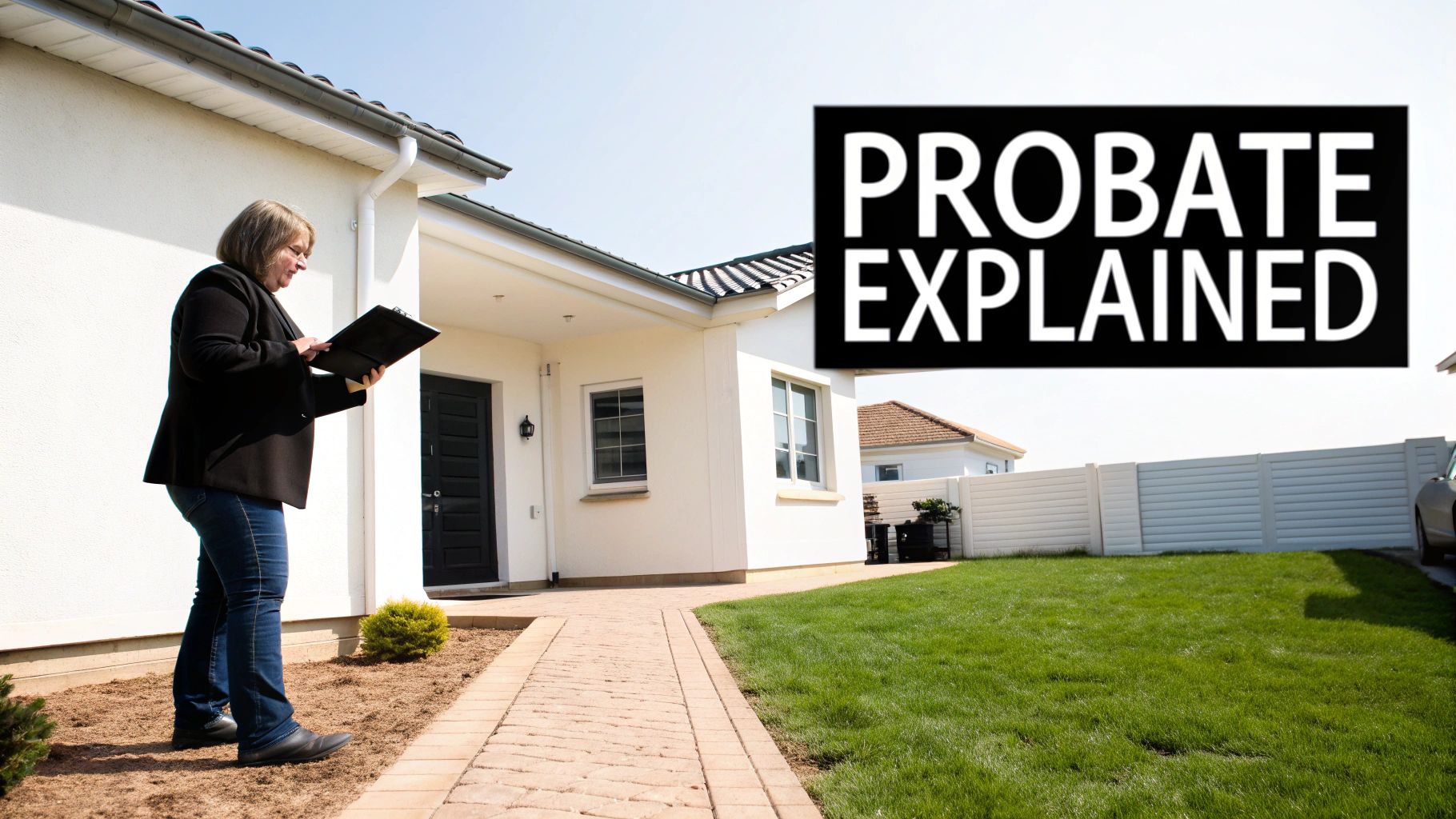 A woman reviews papers outside a modern house with a "Probate Explained" sign.
