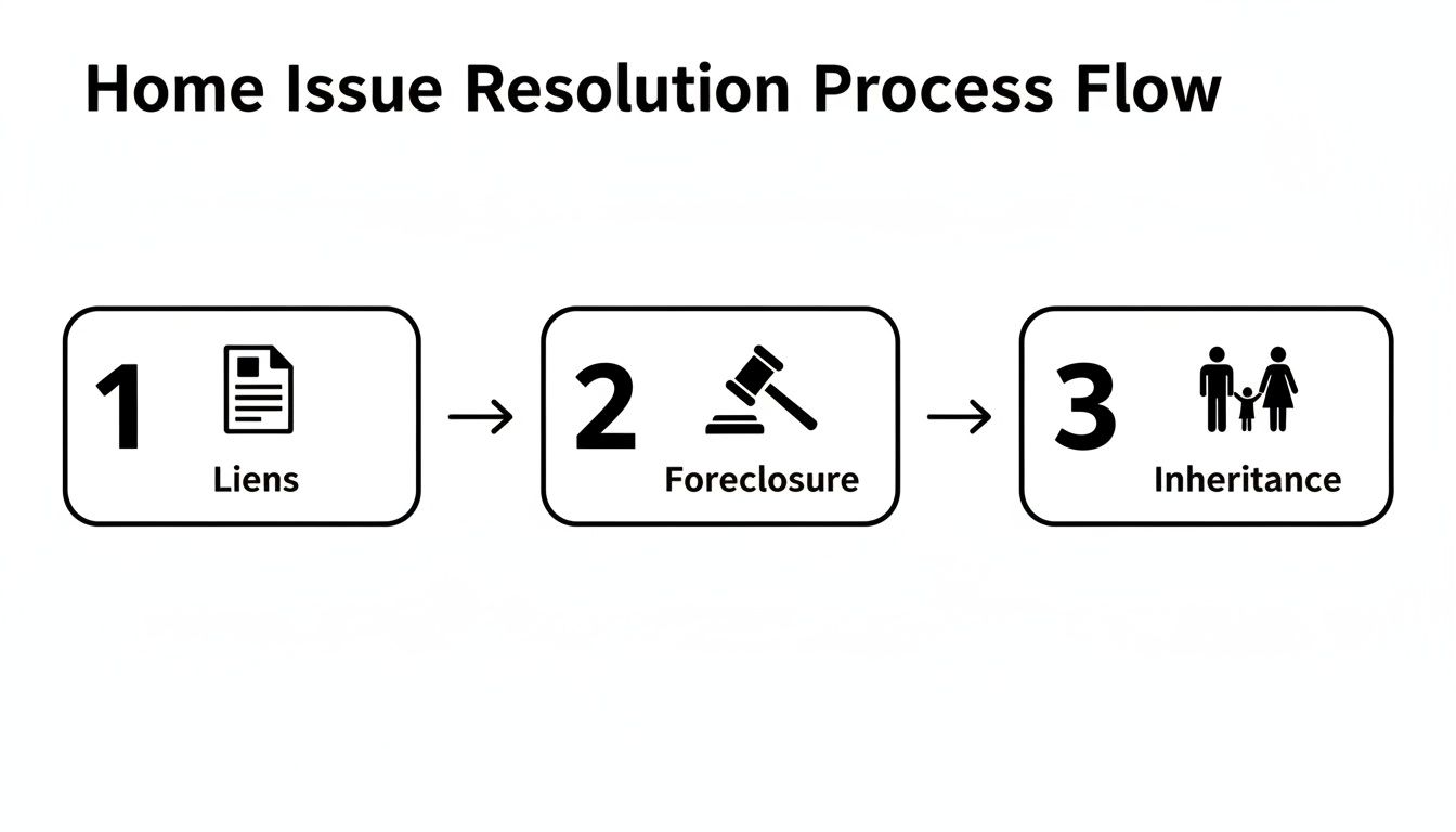 Flowchart illustrating three steps in home issue resolution: liens, foreclosure, and inheritance processes.
