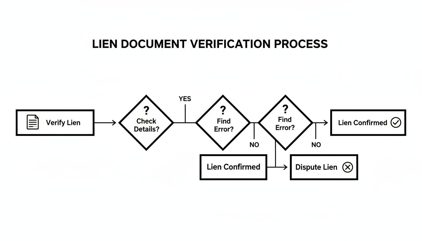 Flowchart illustrating the lien document verification process, detailing steps from initial verification to confirmation or dispute.
