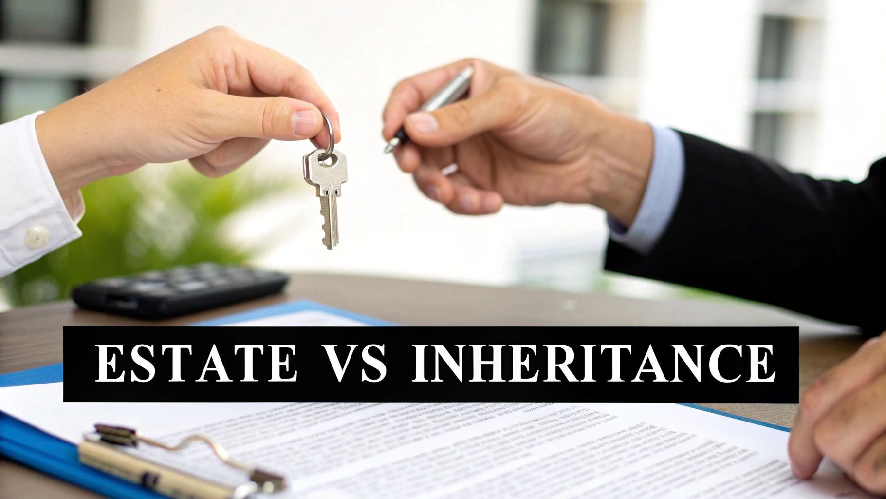 Hands exchanging a house key and holding a pen over legal documents, discussing estate vs inheritance.