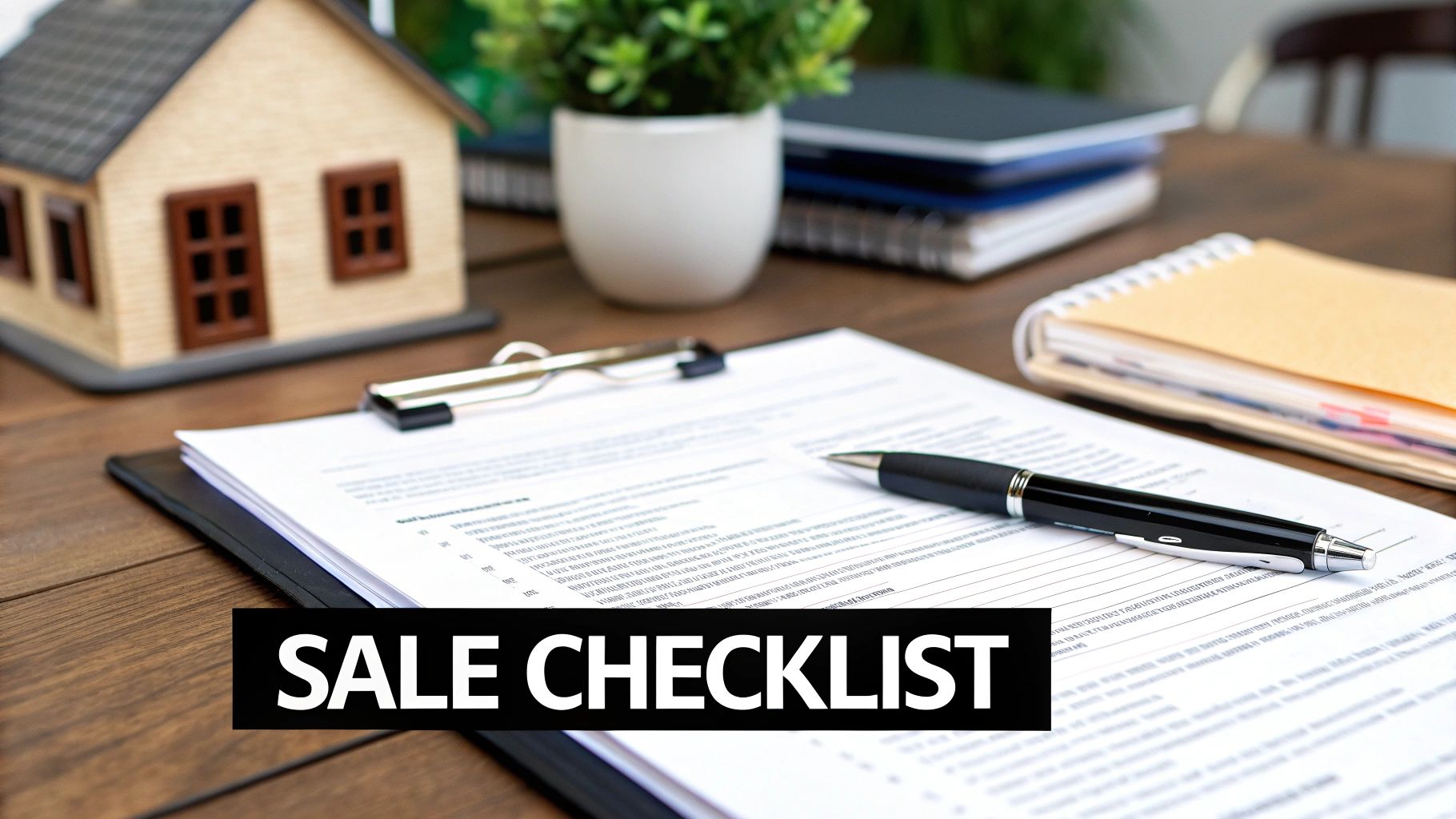 A miniature house model, documents, and a pen on a wooden desk with a 'SALE CHECKLIST' overlay, ideal for real estate.
