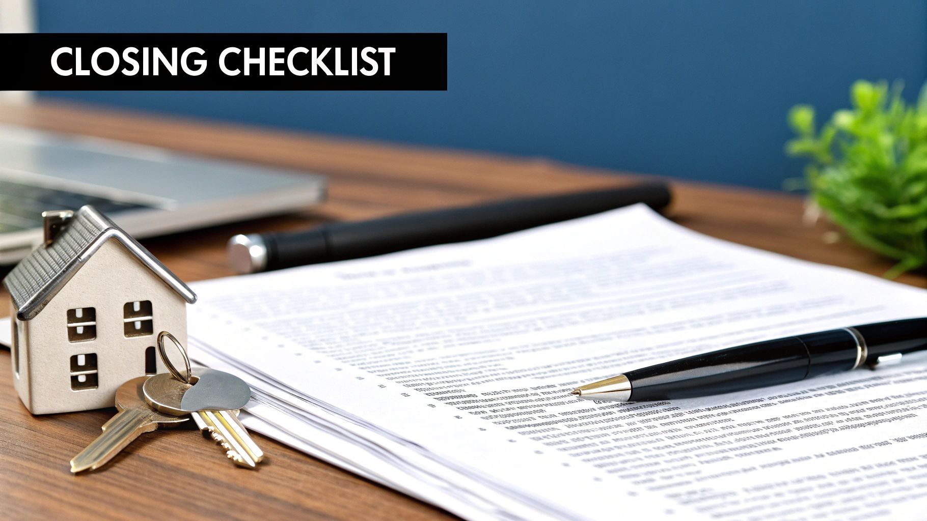 A miniature house, keys, pen, and documents on a desk with a 'CLOSING CHECKLIST' banner, symbolizing real estate closing.