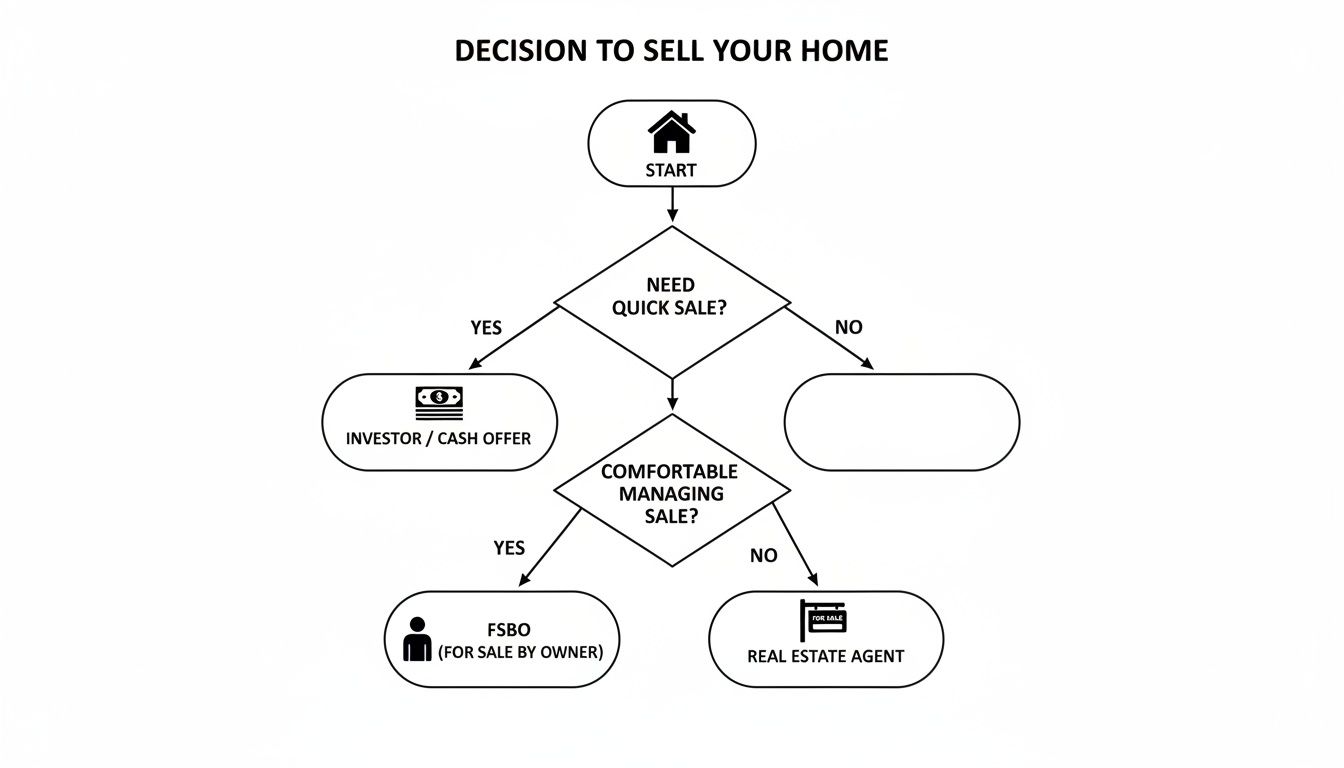 Flowchart illustrating the decision process for selling a home, considering quick sale and self-management options.