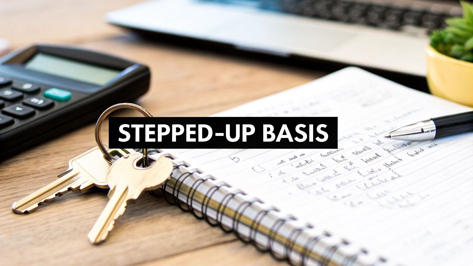 A close-up of keys, a calculator, and a notebook on a desk with the text 'STEPPED-UP BASIS'.
