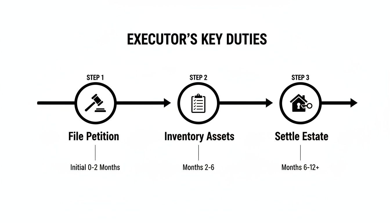 Infographic illustrating the executor's key duties in three steps: filing petition, inventorying assets, and settling estate, with timelines.