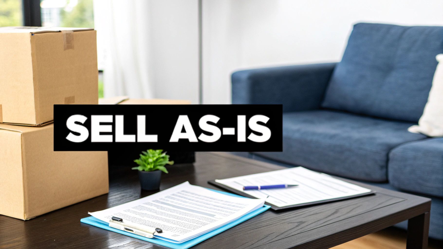 Moving boxes, documents, and a blue couch in a room with 'SELL AS-IS' text, suggesting a property sale.