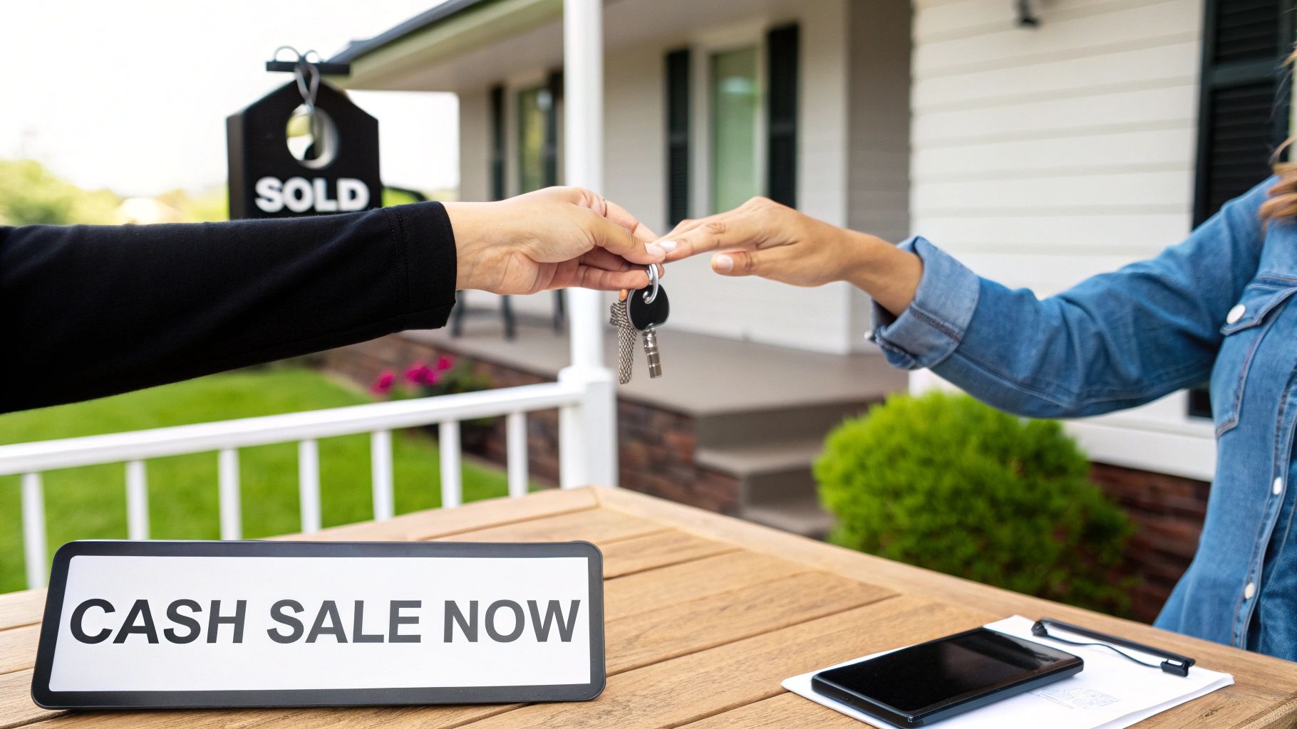 Two people exchanging house keys in front of a sold house with a 'cash sale now' sign.