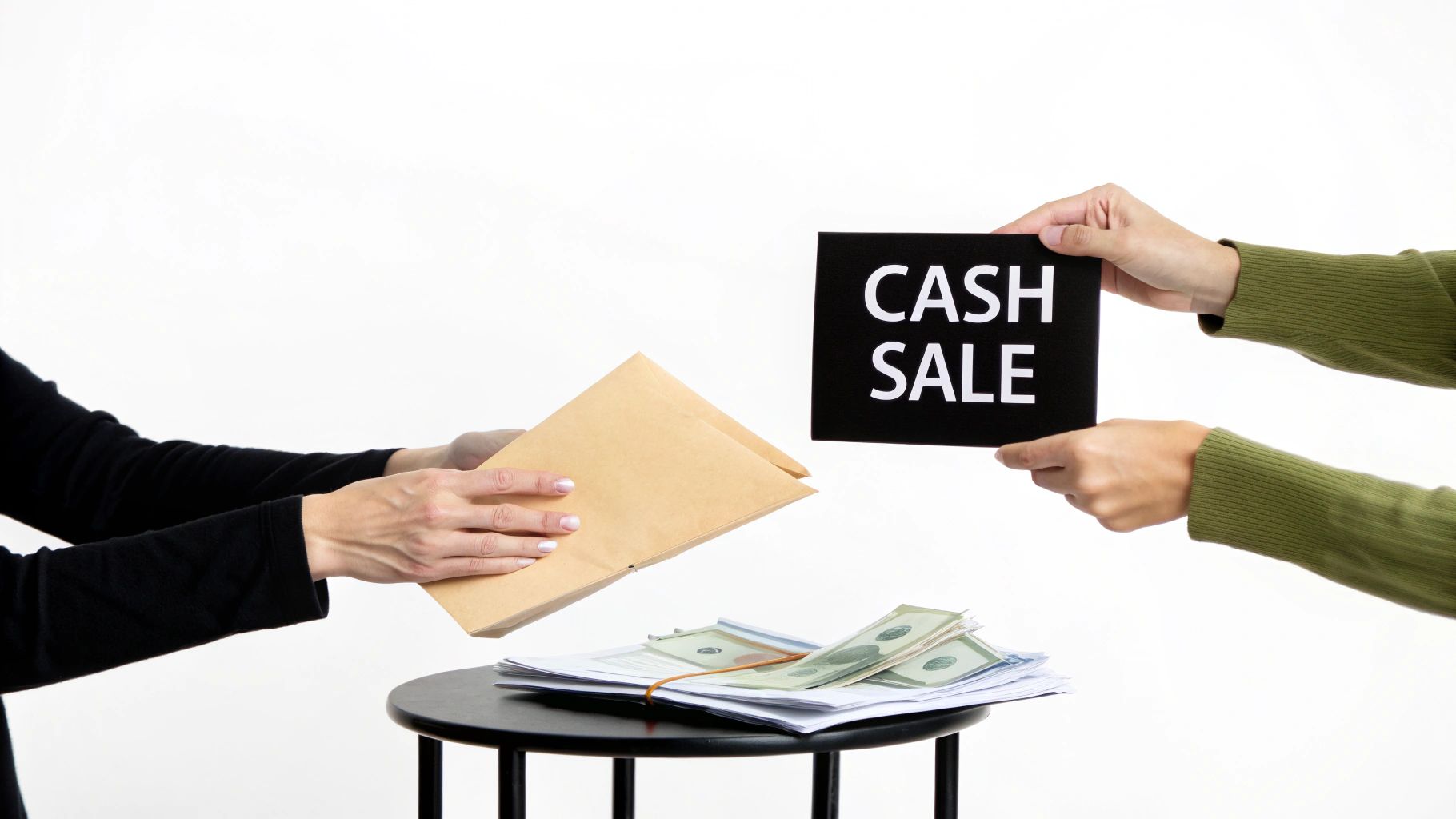Two people conducting a cash sale transaction, exchanging an envelope for a sign.