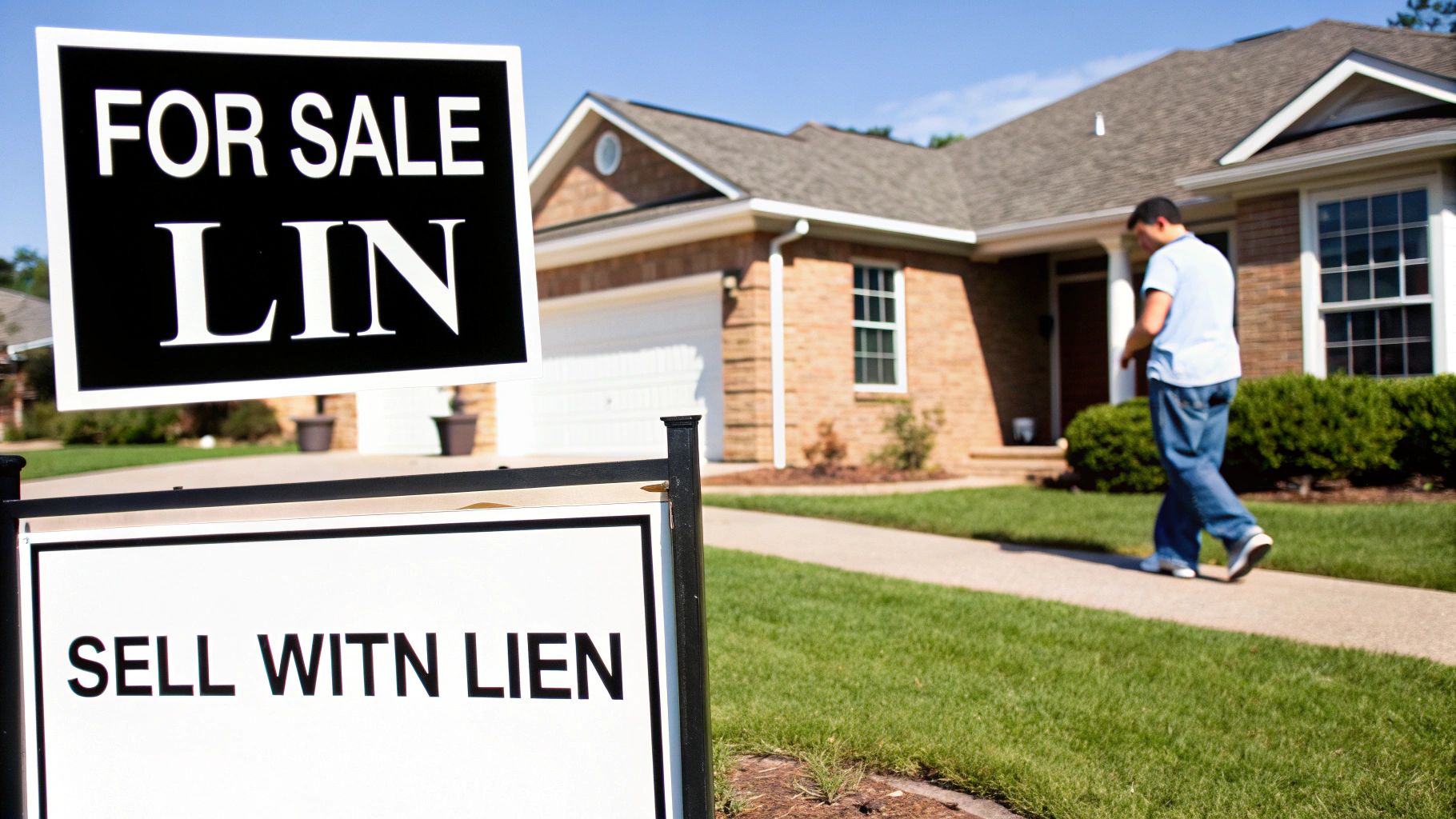 A 'For Sale' and 'Sell with Lien' sign in front of a brick house with a person walking by.