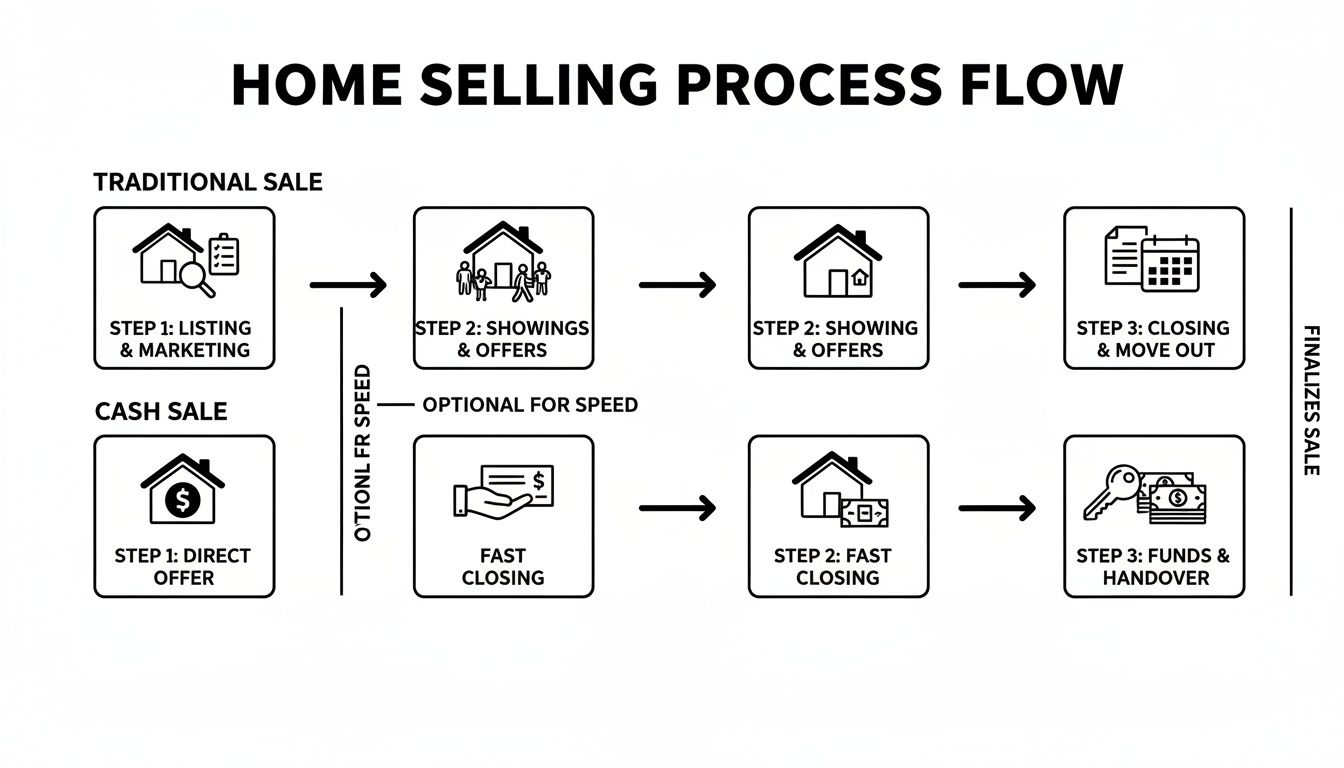 Flowchart illustrating the home selling process, comparing traditional and cash sale options with steps.