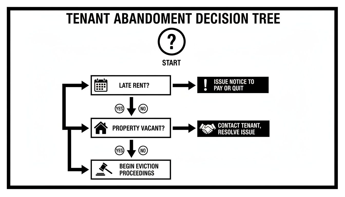 A decision tree flowchart guiding landlords through tenant abandonment, including late rent, property vacancy, and eviction steps.