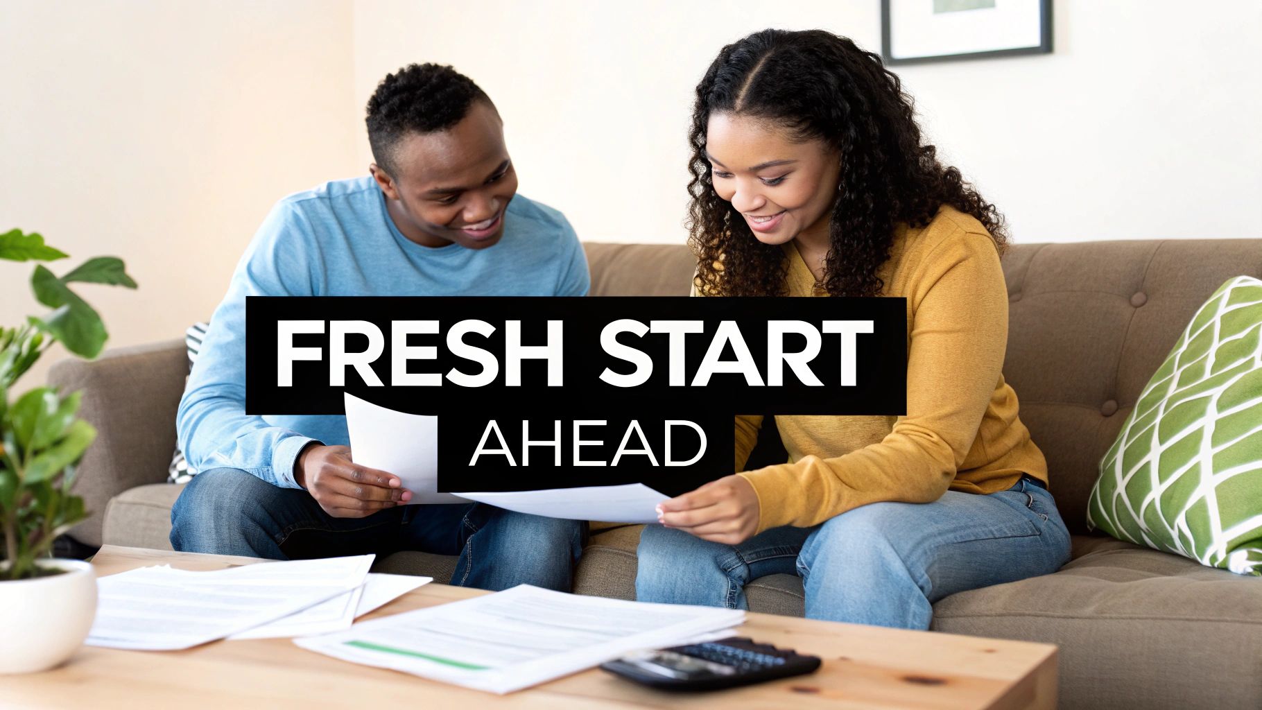 A smiling couple reviews financial documents on a couch, with 'Fresh Start Ahead' text overlay.