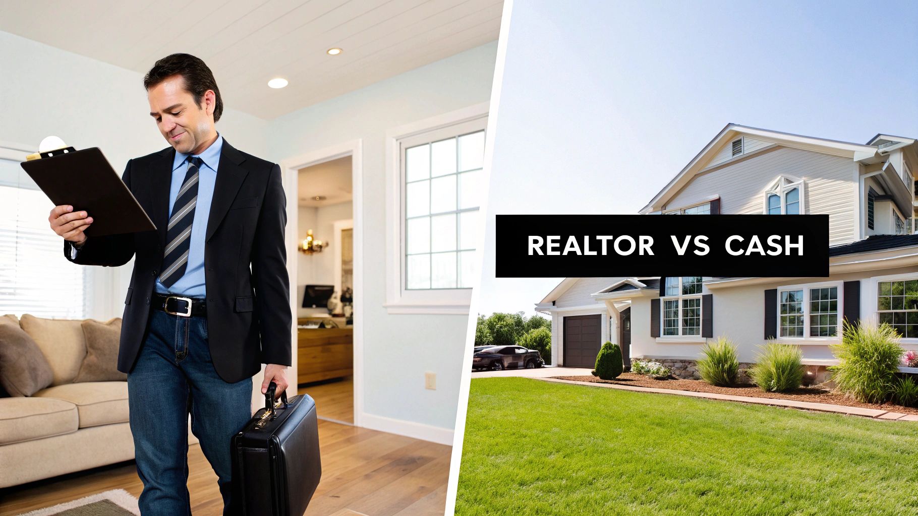 A real estate agent with a clipboard inside a house, contrasted with a house exterior and 'REALTOR VS CASH' text.
