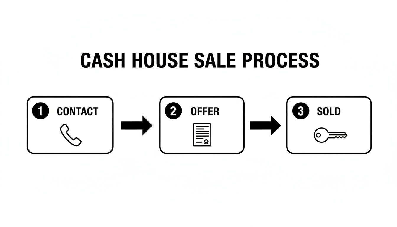 A three-step diagram illustrating the quick cash house sale process: Contact, Offer, Sold.