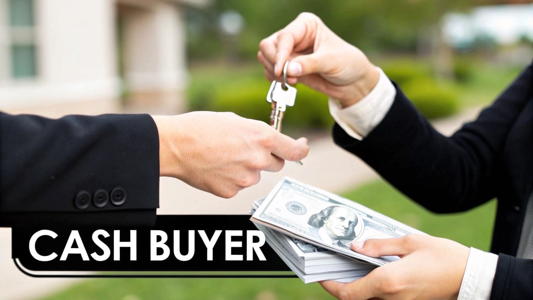 Two people exchanging house keys for a stack of cash, with 'CASH BUYER' text overlay.