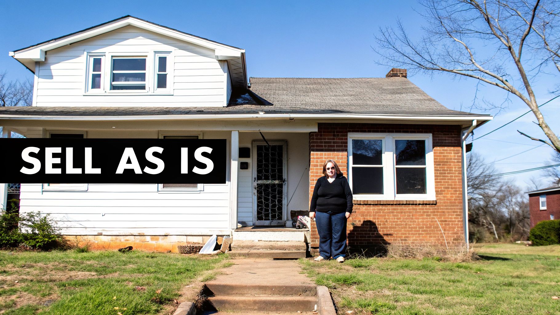 A woman stands by a house featuring a prominent "SELL AS IS" banner under a blue sky.