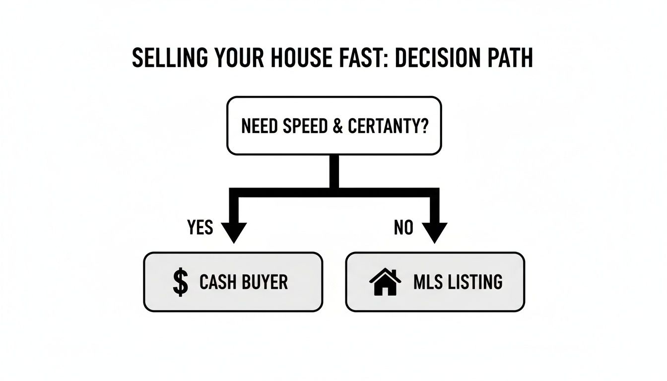 Flowchart for selling a house fast: choose cash buyer for speed and certainty, or MLS listing otherwise.