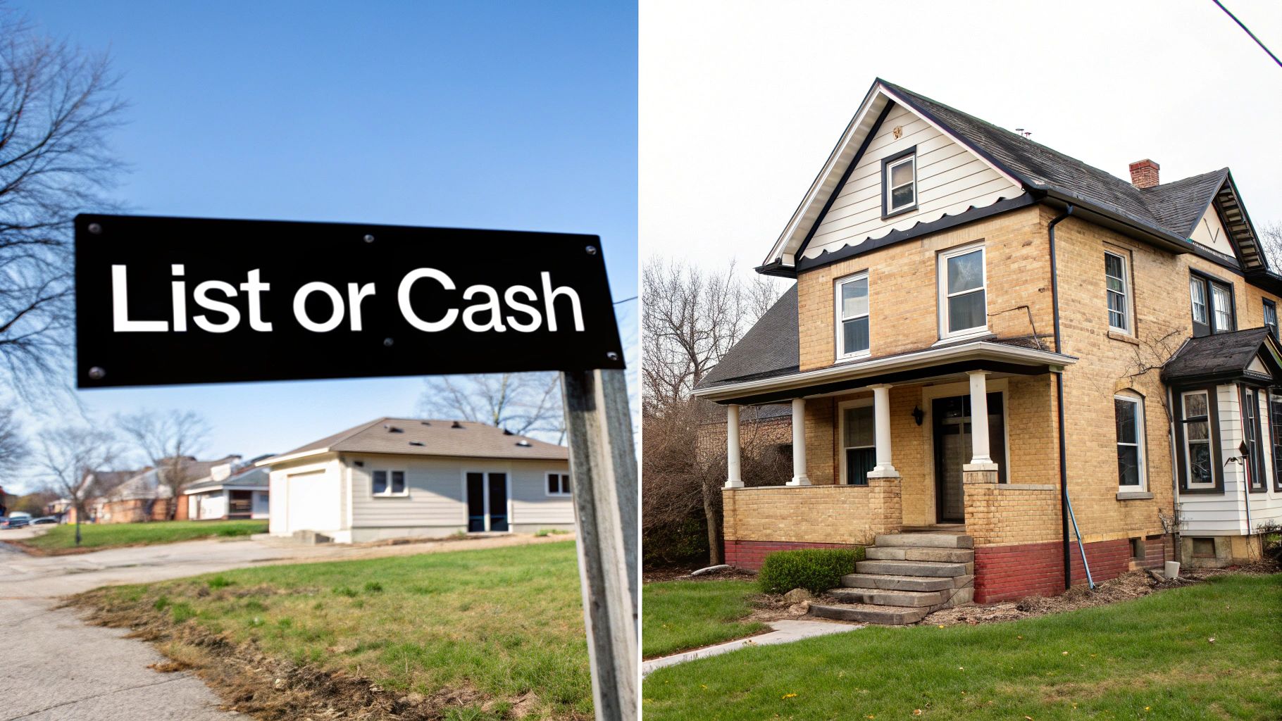 Split image: 'List or Cash' sign next to houses, suggesting property selling decisions.