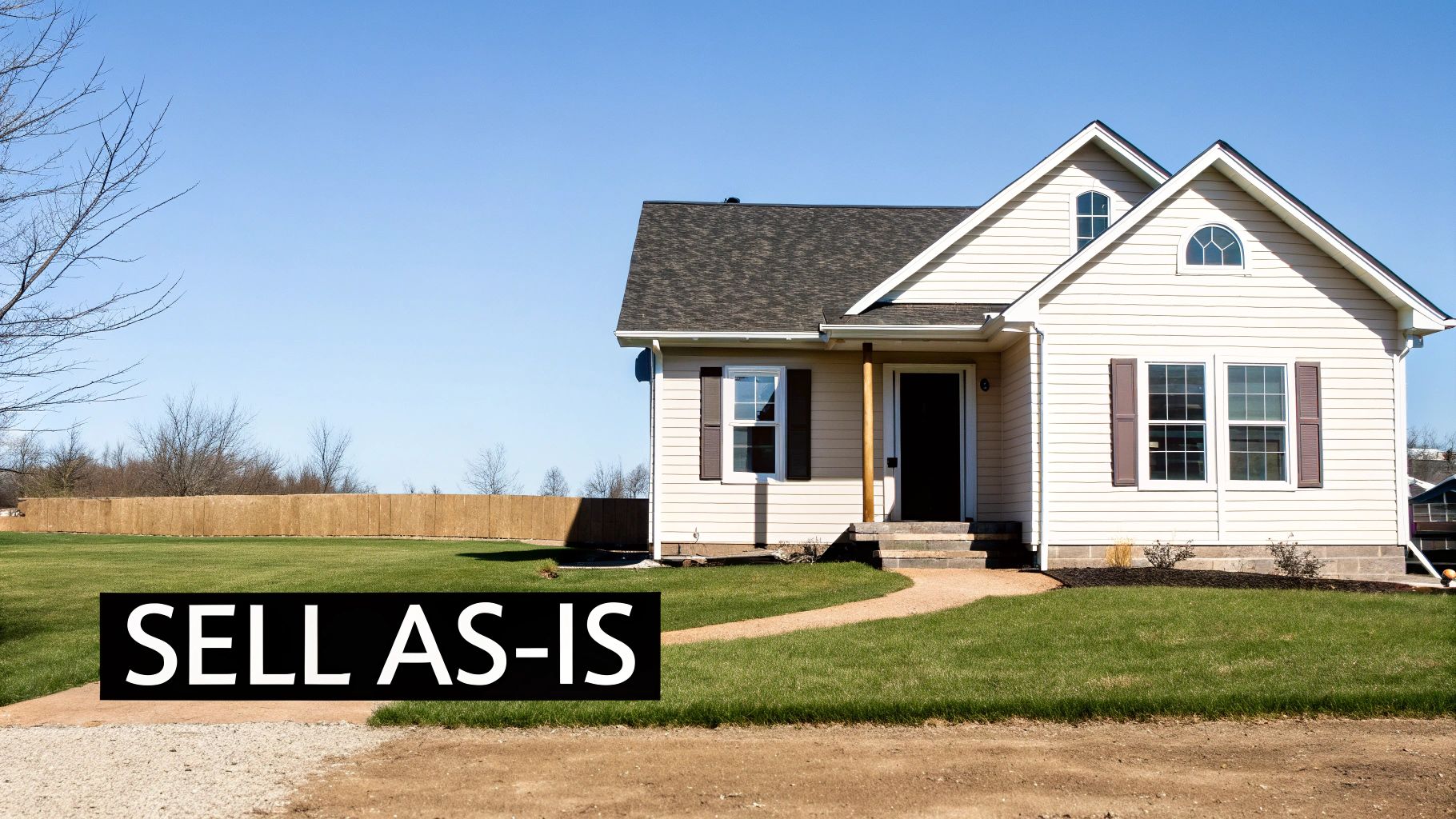 A cream-colored house with dark shutters and a front porch, featuring a 'SELL AS-IS' sign in the grassy yard.