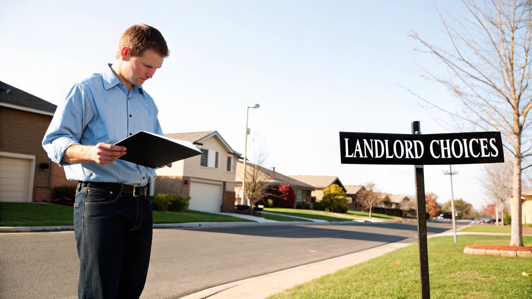 A landlord contemplating choices while holding a binder on a residential street next to a sign.