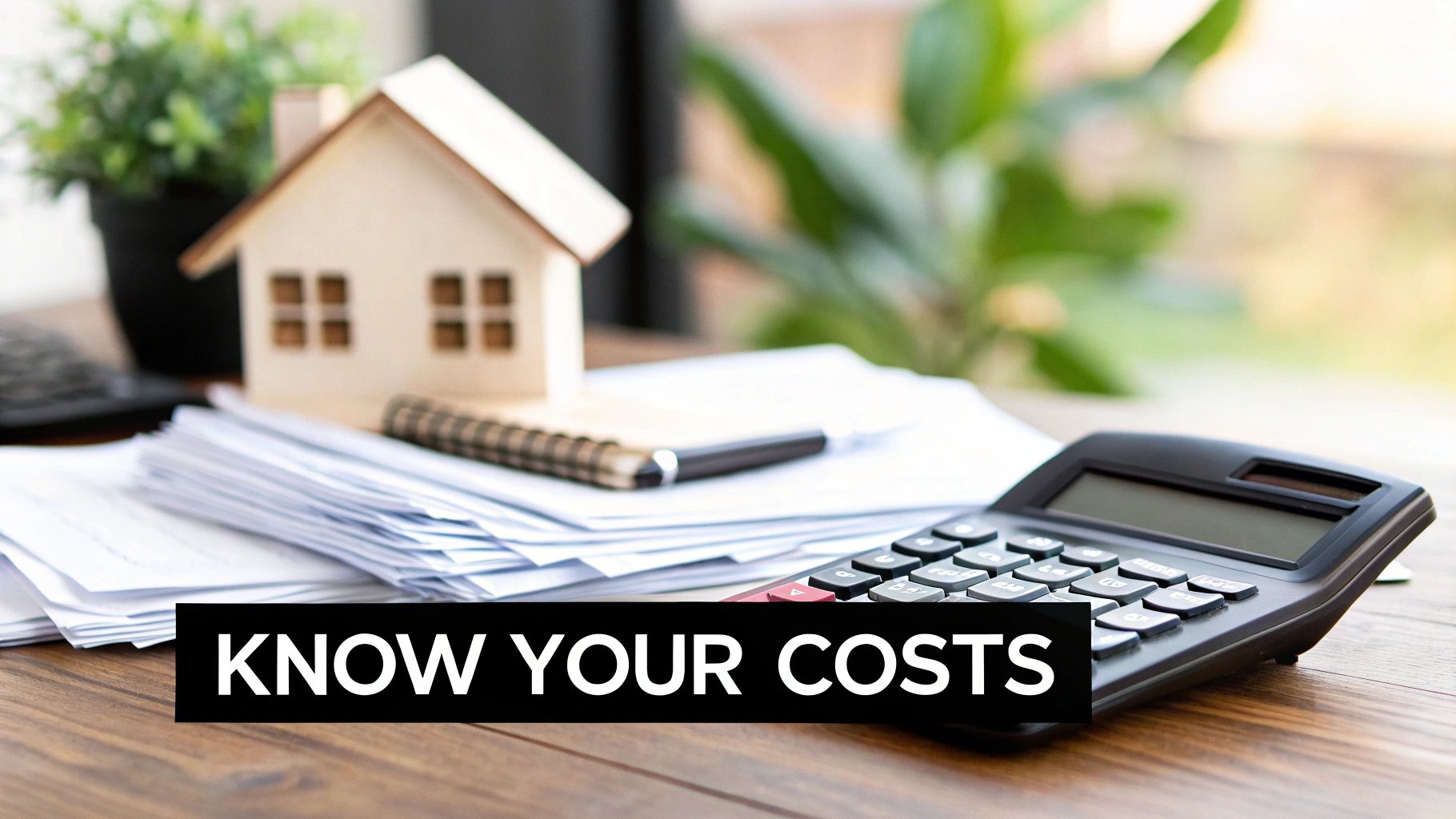 A small wooden house model, papers, pen, and calculator on a desk with text 'KNOW YOUR COSTS'.