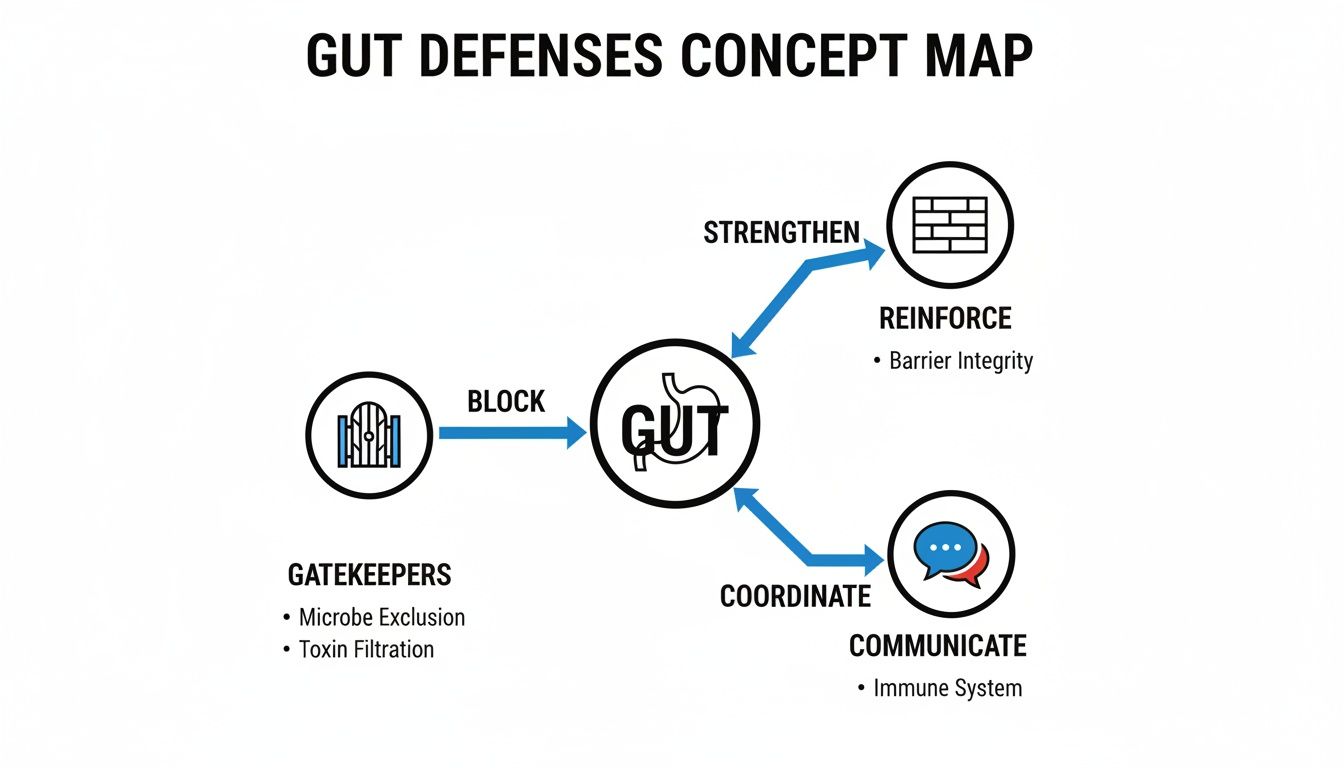 A concept map illustrating gut defenses: Gatekeepers block, Reinforce strengthens barrier, and Communicate coordinates immune system.