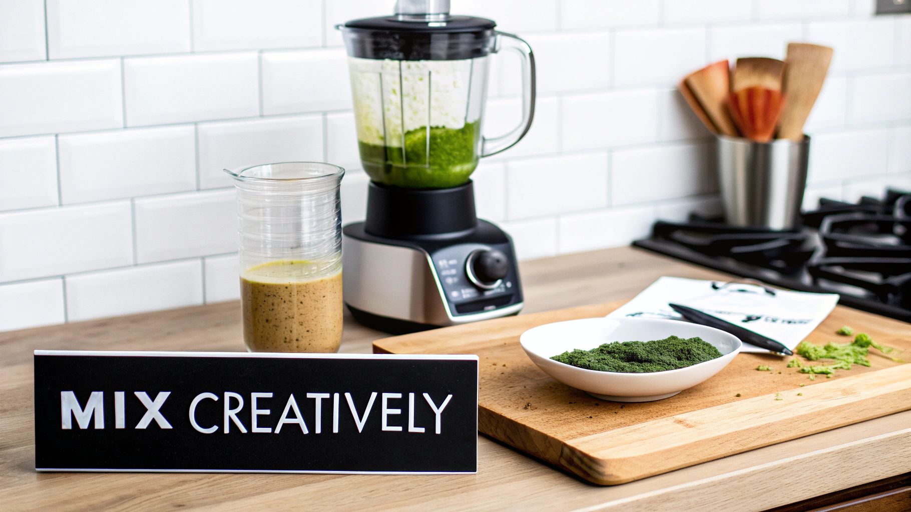 A kitchen counter features a blender with green liquid, a bowl of green powder, and a glass of smoothie.