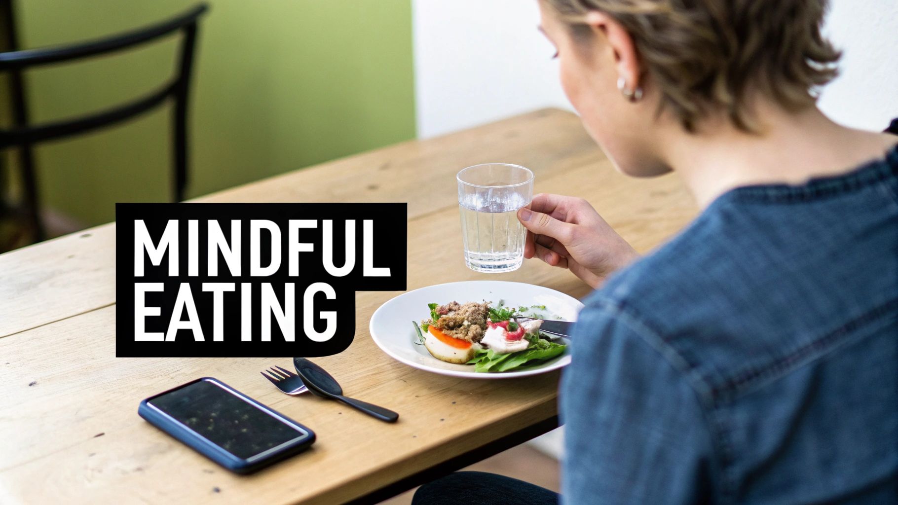 A person practices mindful eating, holding a glass of water next to a healthy meal on a wooden table.