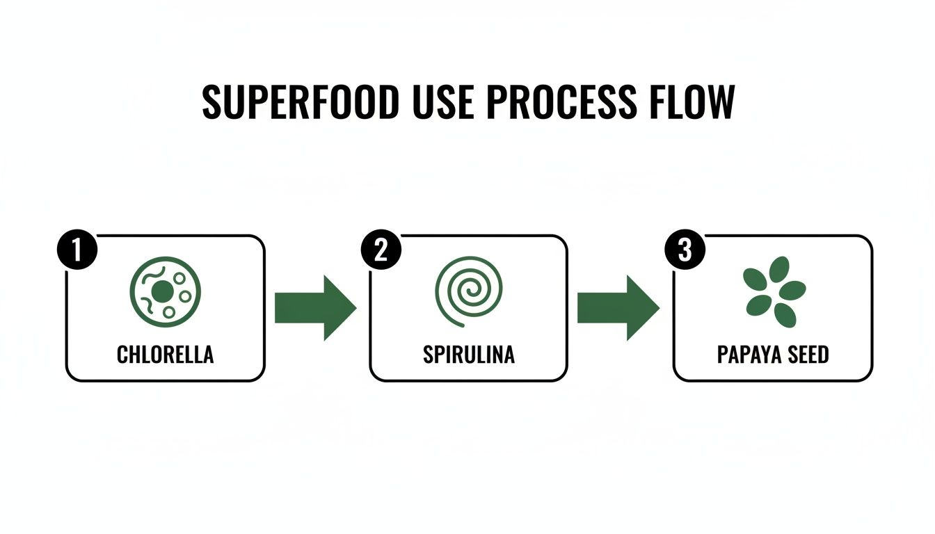 A superfood use process flow diagram illustrating chlorella, spirulina, and papaya seed in sequence.