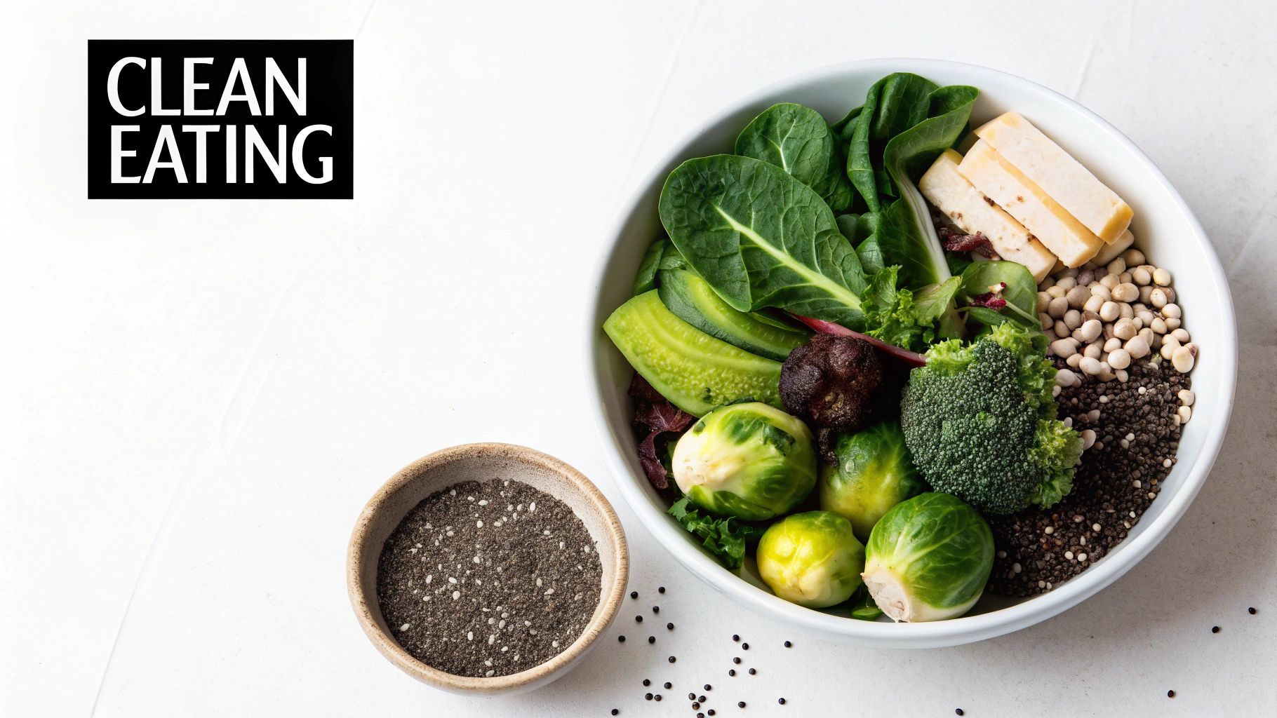 A vibrant bowl of fresh vegetables, legumes, and tofu, with chia seeds, promoting clean eating.