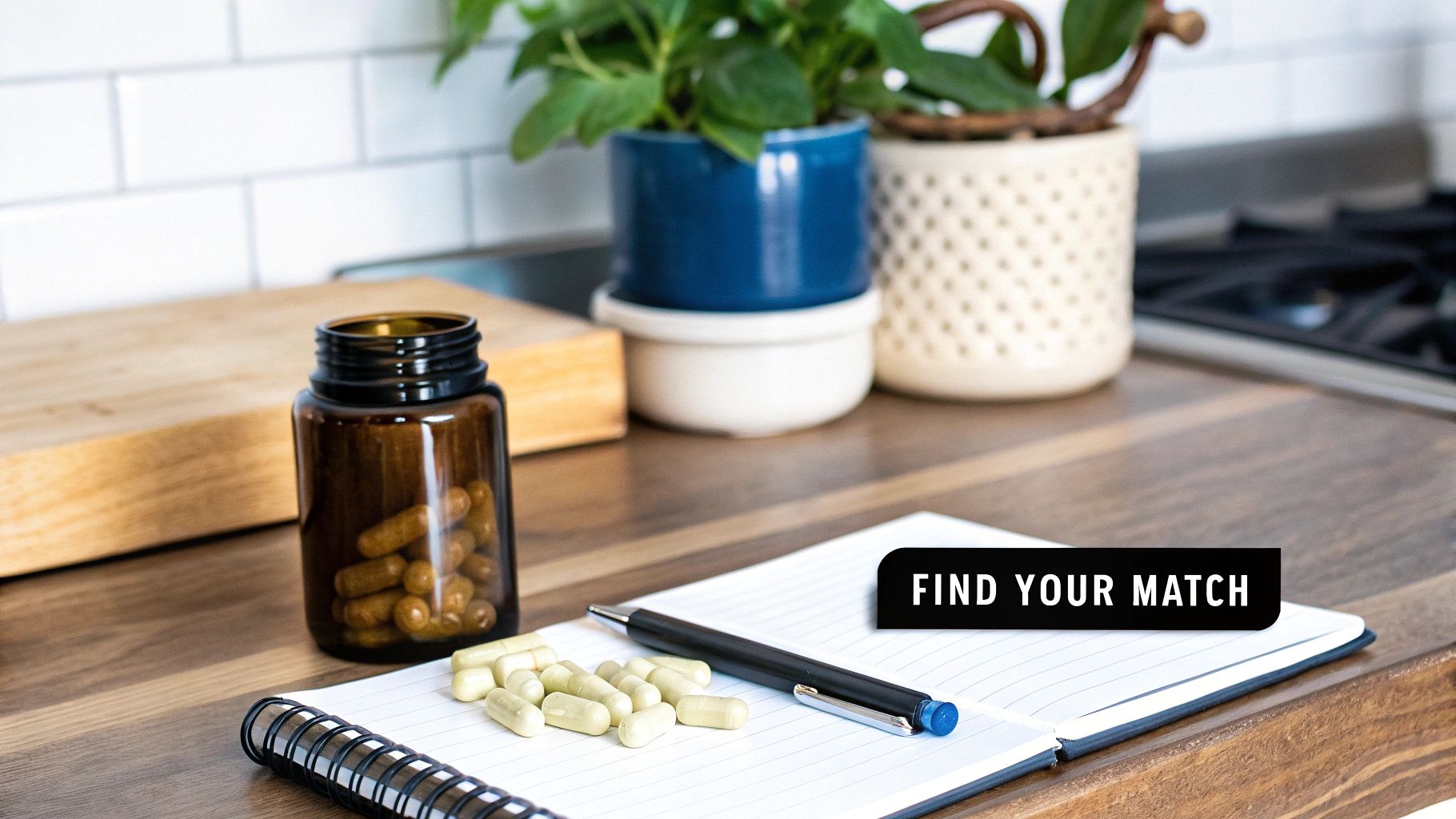 Supplements in a brown bottle and spilled on a notebook with a pen on a kitchen counter.