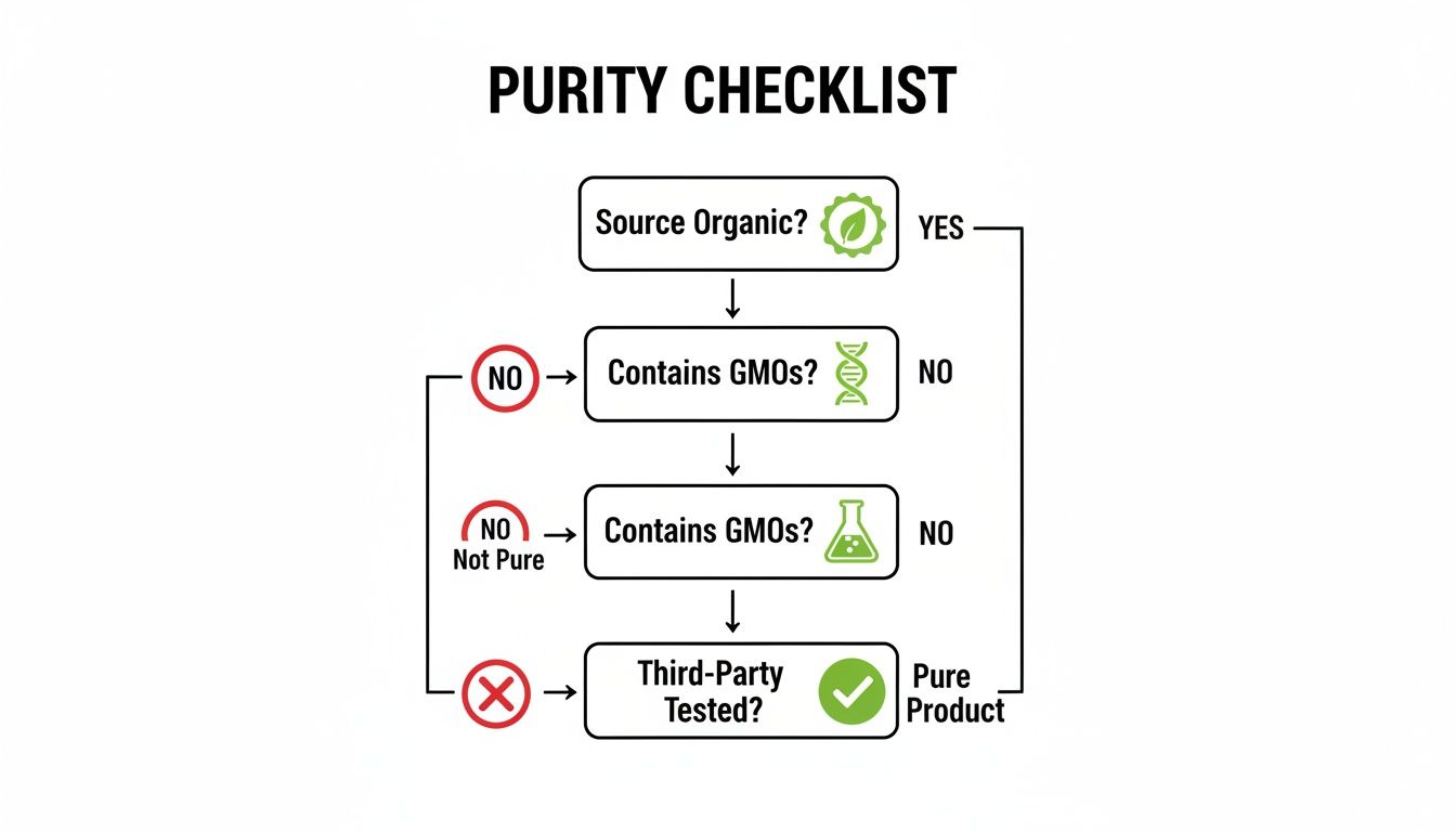 A product purity checklist flowchart outlining steps for organic sourcing, GMO checks, and third-party testing.