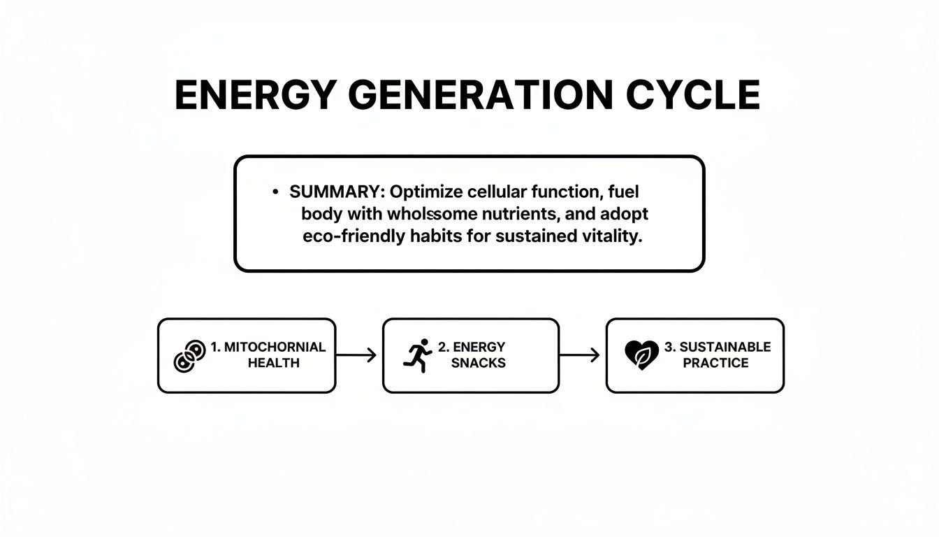 Flowchart illustrating the energy generation cycle with steps for mitochondrial health, energy snacks, and sustainable practice.