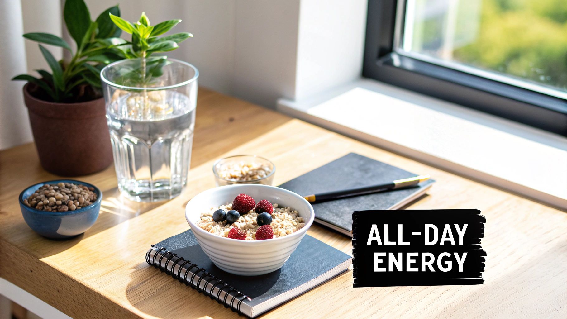 A sunny desk scene featuring a healthy oatmeal breakfast with berries, a glass of water, and a plant, promoting all-day energy.