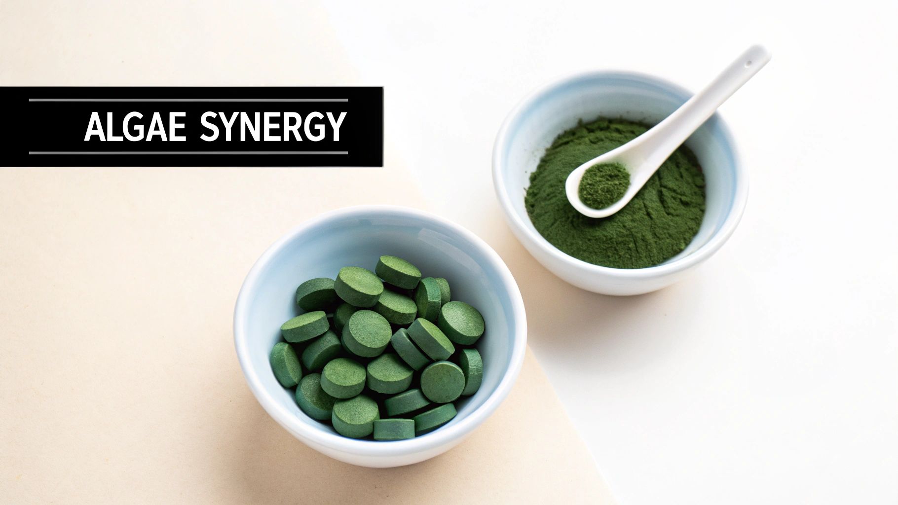Two bowls of green algae supplements: one with tablets, another with powder and a spoon.