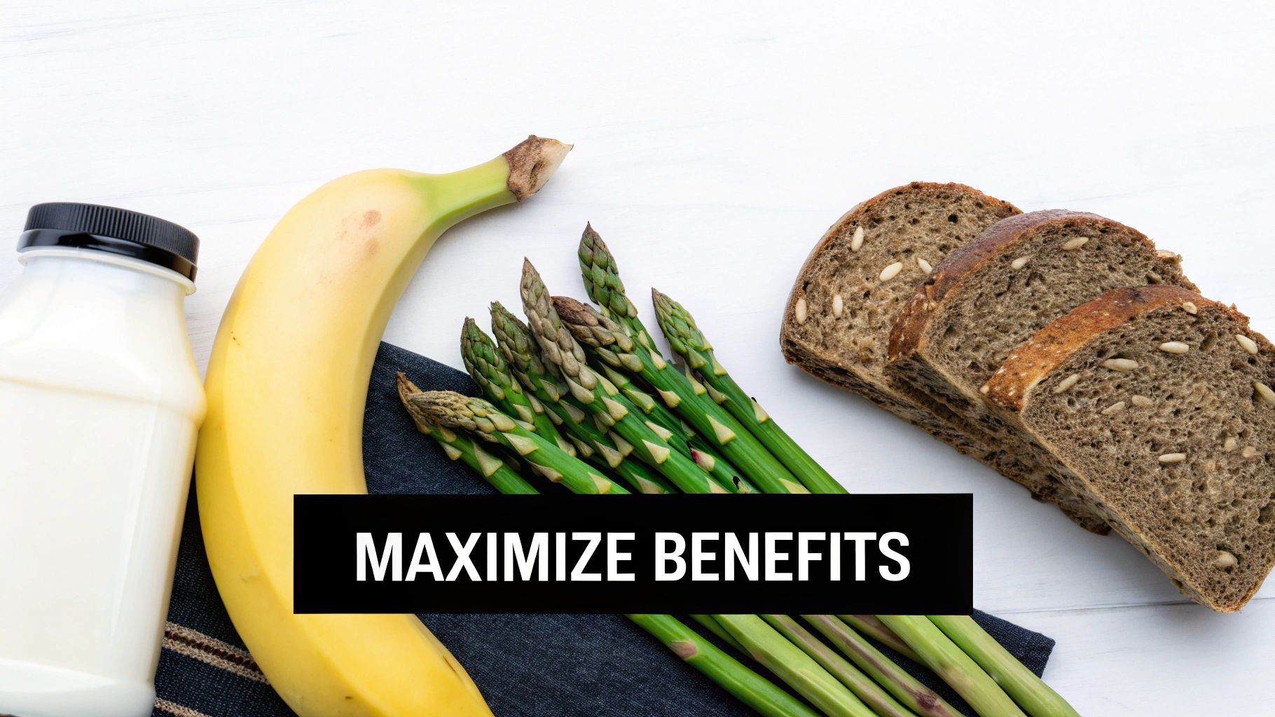 An array of healthy foods including a banana, asparagus, whole-grain bread, and a bottle of milk.